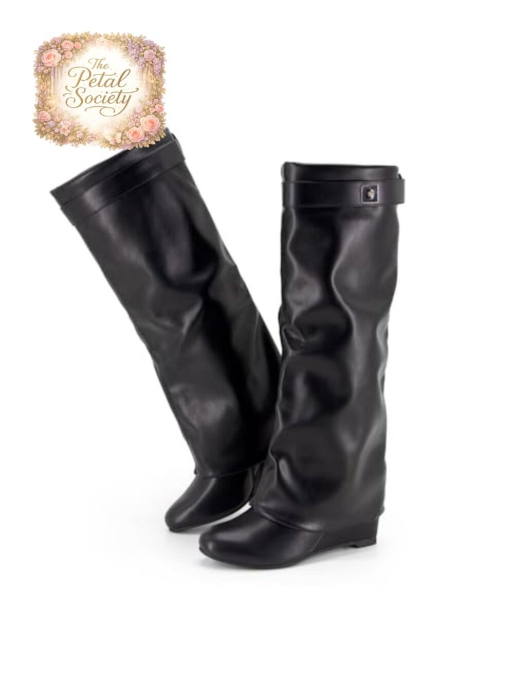 Fold Over Knee High Boots Faux Leather Wedge Heel Pointed Toe